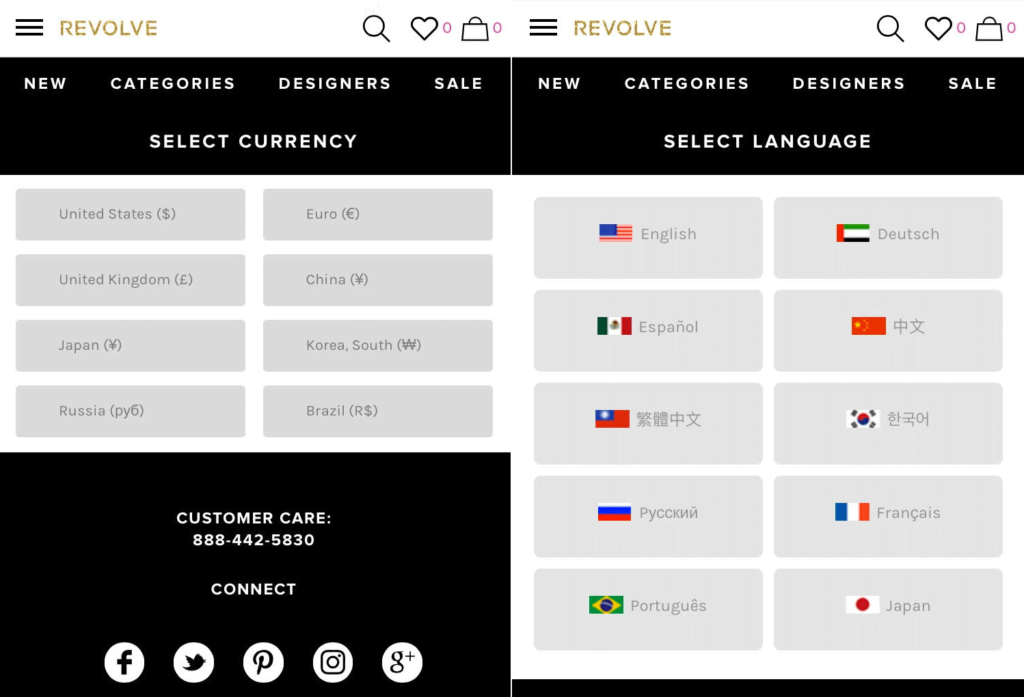 Revolve language and currency selection